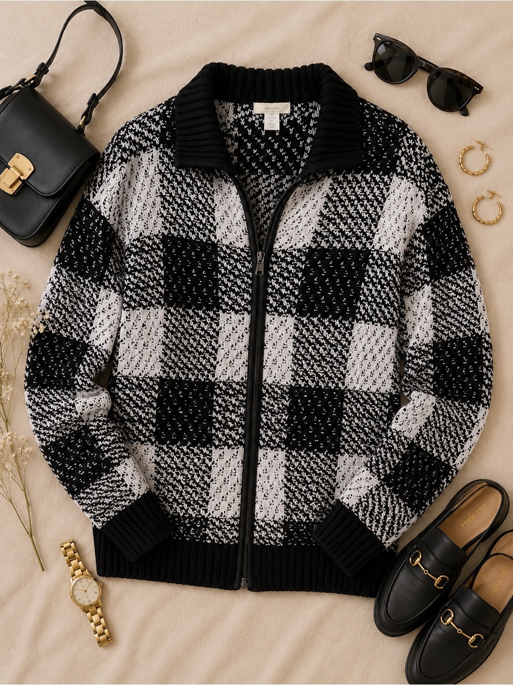 C.J. Banks Black & White Plaid Zip Cardigan Sweater | Women’s Plus Size